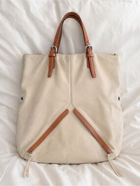 Christopher Kon Real Cream Leather Tote Bag Tan Trim